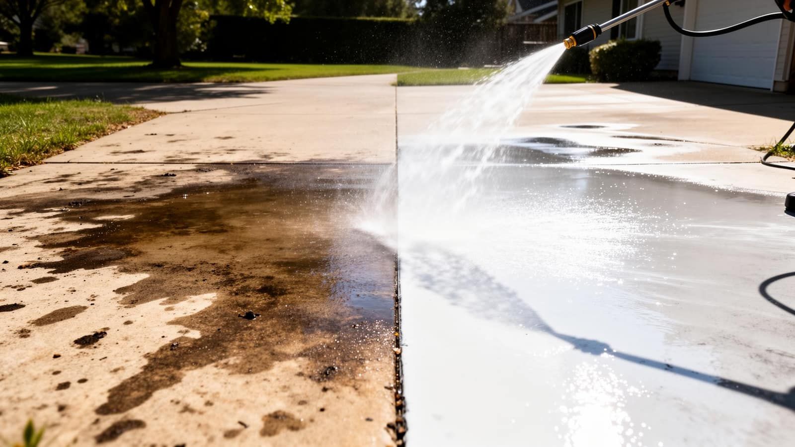 Before and after pressure washing transformation of a driveway in Mebane NC